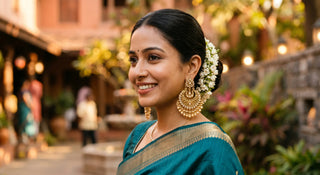 Close-up lifestyle portrait of a South Asian woman wearing premium gold chandbali earrings with pearl drops and a deep teal silk saree, styled with a traditional floral gajra