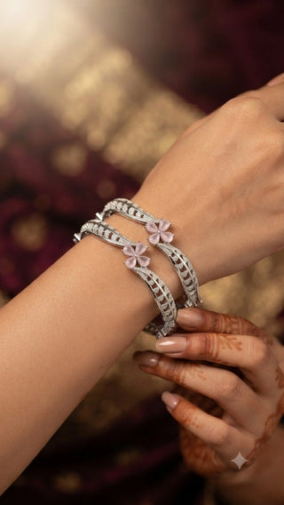 Floral AD Silver Rhodium CZ Bangles - Aarashi