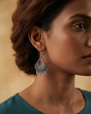 Ornate Silver Teardrop Chandelier Earrings - Mihira