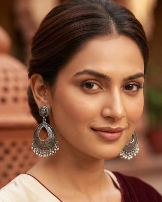 Ornate Silver Filigree Drop Earrings- Nimisha