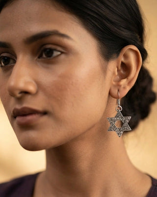 Antiqued Silver Star Pendant Earrings - Sitara