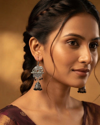 Ornate Oxidised Silver Peacock Jhumka Earrings - Chaitali