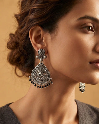Ornate Silver Earrings with Black Fringe - Greesha