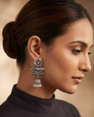 Ornate Silver Jhumka Earrings - Lokita