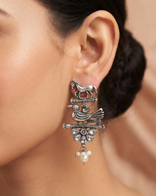 Silver Horse and Bird Charm Earrings - Lisha