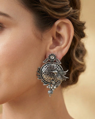 Ornate Antique Silver Filigree Earrings - Oorja