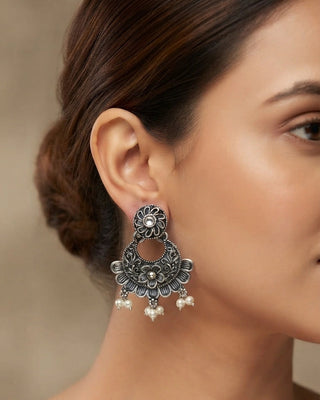 Ornate Silver Pearl Chandelier Earrings - Qirat