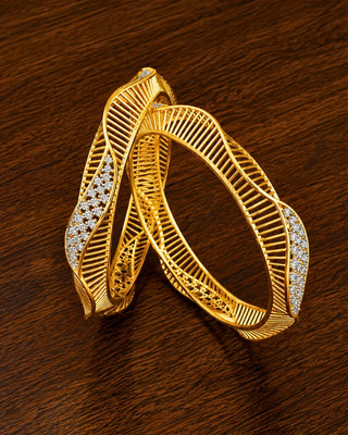 Wave Pattern Two Tone Plated Premium CZ Broad Bangles - Chetna