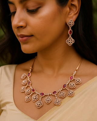 Aarohi Rose Gold Necklace Set - AD Necklace Set | Main Product View | Buy Online India | Zevarly