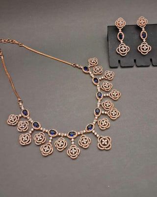 Aarohi Rose Gold Necklace Set - AD Necklace Set | Full Set View | Buy Online India | Zevarly