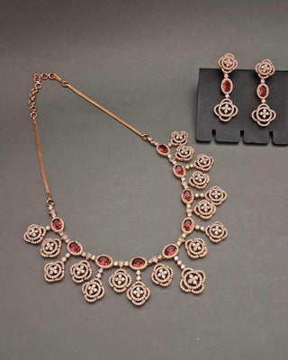 Aarohi Rose Gold Necklace Set - AD Necklace Set | Full Set View | Buy Online India | Zevarly