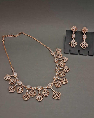 Aarohi Rose Gold Necklace Set - AD Necklace Set | Full Set View | Buy Online India | Zevarly