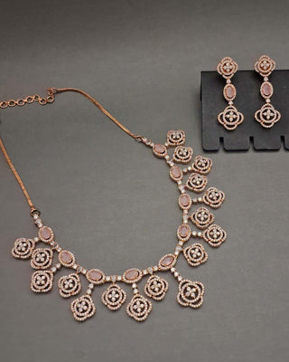 Aarohi Rose Gold Necklace Set - AD Necklace Set | Full Set View | Buy Online India | Zevarly