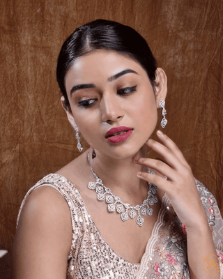 Aarohi Silver Plated Necklace Set - AD Necklace Set | Model Wearing View | Buy Online India | Zevarly