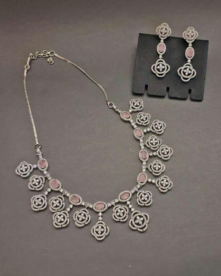 Aarohi Silver Plated Necklace Set - AD Necklace Set | Full Set View | Buy Online India | Zevarly