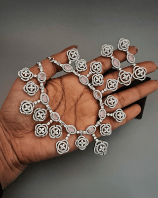 Aarohi Silver Plated Necklace Set - AD Necklace Set | Full Set View | Buy Online India | Zevarly