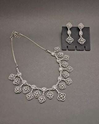 Aarohi Silver Plated Necklace Set - AD Necklace Set | Full Set View | Buy Online India | Zevarly