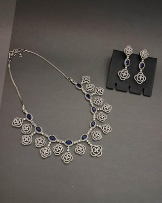 Aarohi Silver Plated Necklace Set - AD Necklace Set | Full Set View | Buy Online India | Zevarly