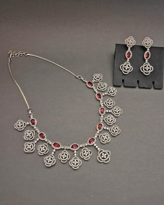 Aarohi Silver Plated Necklace Set - AD Necklace Set | Full Set View | Buy Online India | Zevarly