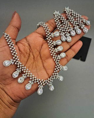 Anshika Silver Plated Necklace Set - AD Necklace Set | Full Set View | Buy Online India | Zevarly