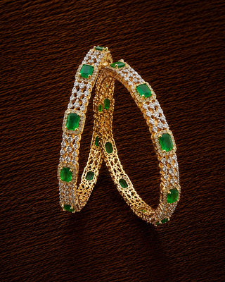 Premium Emerald Two Tone Gold-Plated Bangle Set – Hita