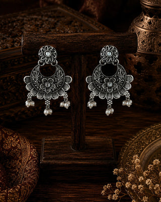 Ornate Silver Pearl Chandelier Earrings - Qirat