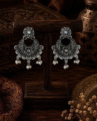 Ornate Silver Pearl Chandelier Earrings - Qirat