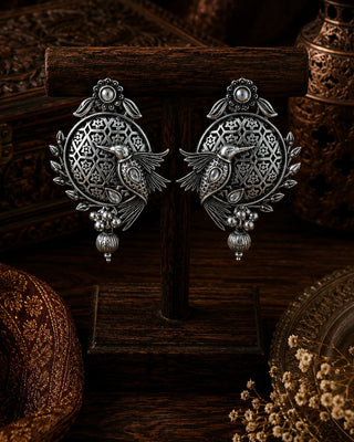 Ornate Antique Silver Filigree Earrings - Oorja
