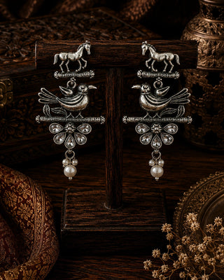 Silver Horse and Bird Charm Earrings - Lisha