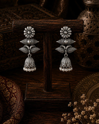 Ornate Silver Jhumka Earrings - Lokita
