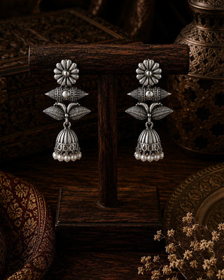 Ornate Silver Jhumka Earrings - Lokita