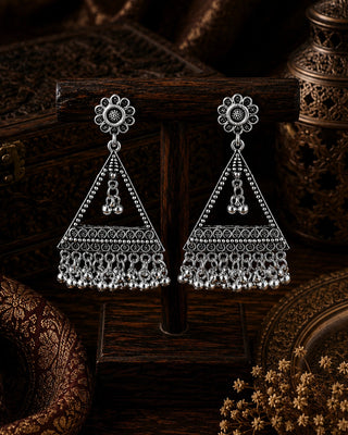 Antique Silver Floral Fringe Earrings - Jahnavi