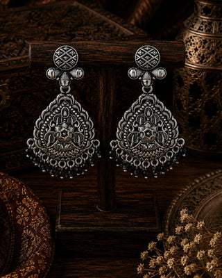 Ornate Silver Earrings with Black Fringe - Greesha