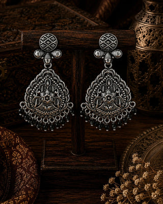 Ornate Silver Earrings with Black Fringe - Greesha