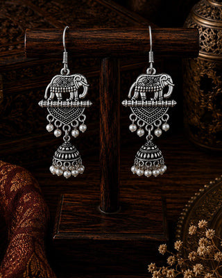 Ornate Oxidised Silver Peacock Jhumka Earrings - Chaitali