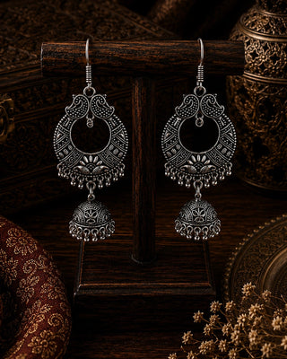 Ornate Oxidised Silver Peacock Jhumka Earrings - Chahna