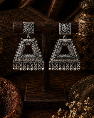Ornate Silver Oxidised Dangle Earrings - Divyanshi