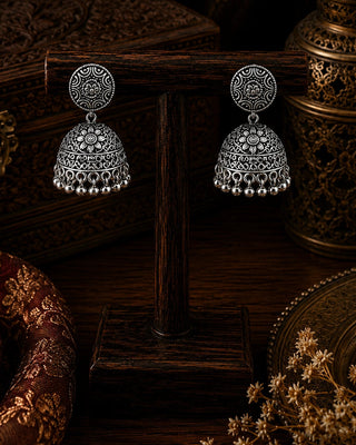 Ornate Oxidised Silver Jhumka Earrings - Darika