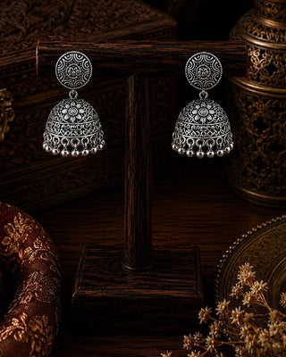 Ornate Oxidised Silver Jhumka Earrings - Darika