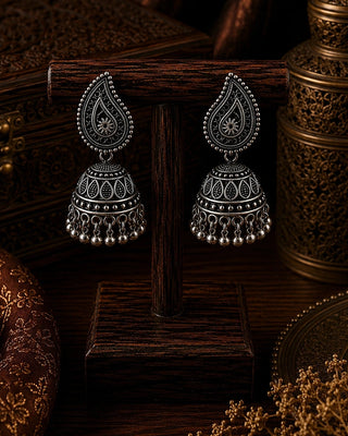 Ornate Oxidised Silver Jhumka Earrings - Charvi