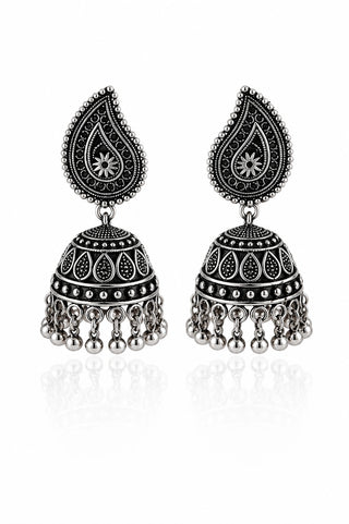 Ornate Oxidised Silver Jhumka Earrings - Charvi