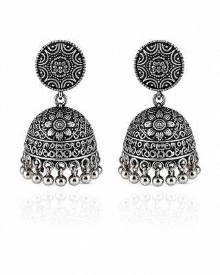 Ornate Oxidised Silver Jhumka Earrings - Darika
