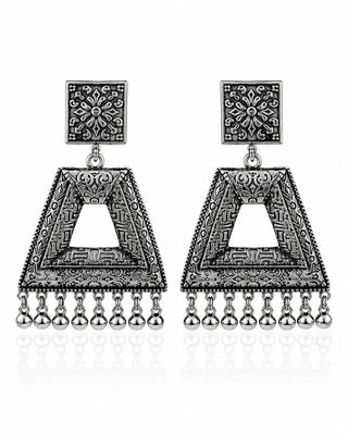 Ornate Silver Oxidised Dangle Earrings - Divyanshi