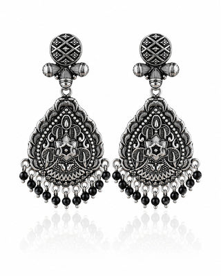 Ornate Silver Earrings with Black Fringe - Greesha
