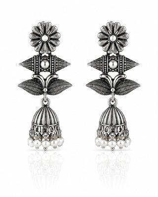 Ornate Silver Jhumka Earrings - Lokita