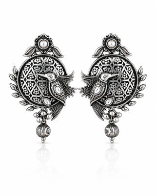 Ornate Antique Silver Filigree Earrings - Oorja