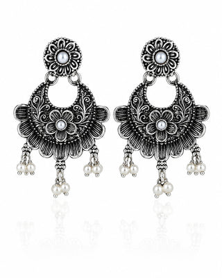 Ornate Silver Pearl Chandelier Earrings - Qirat