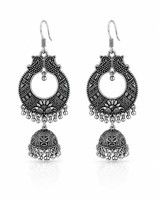 Ornate Oxidised Silver Peacock Jhumka Earrings - Chahna