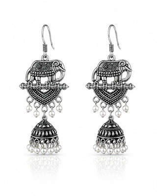 Ornate Oxidised Silver Peacock Jhumka Earrings - Chaitali