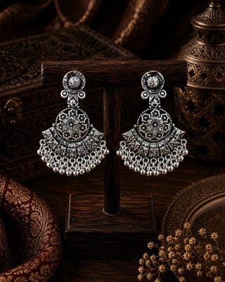 Ornate Silver Pearl Chandelier Earrings - Kira